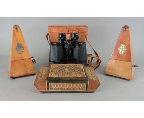 A pair of Pathescope 10x50 field binoculars in leather case, a metronome de Maelzel mahogany cased metronome, 23cm high, anot