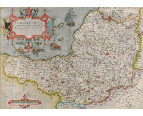 William Kip after Christopher Saxton, Sommersettensis, Comitatus Vulgo Somersettshyre, (sic) hand coloured engraved map, 28.5