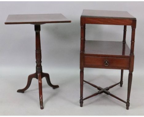 A George III mahogany three tier basin stand, the later top above a drawer, on turned legs united by an 'x' stretcher, 41cm s