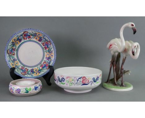 A Cartier Stabler Adams Poole Pottery circular bowl, on pedestal foot, 24cm diameter, a Poole Pottery bowl and flower holder,