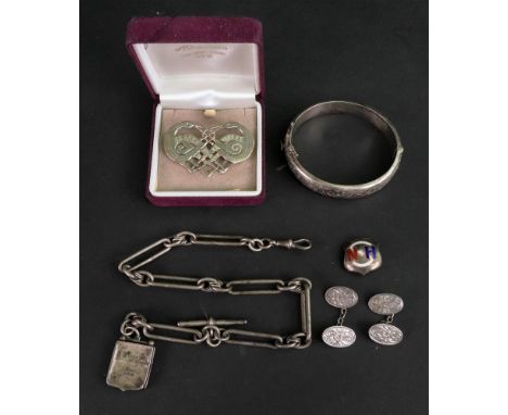 A Victorian silver rectangular, oval and twisted link watch chain, hung with a silver locket,  Birmingham 1895, the hinged co