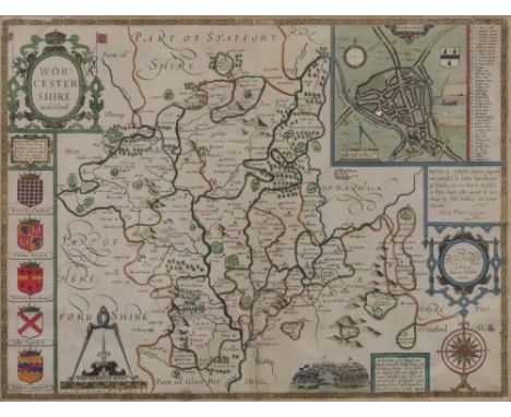 An engraved and coloured map of Worcestershire by Christopher Saxton and John Speed, 39 x 51cm.