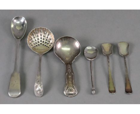 A pair of George III silver Hanoverian pattern salt spades, circa 1770,, marks rubbed, engraved with a boar crest, George IV 