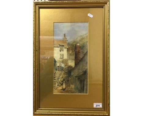 F LANGLEY "Polperro", back street scene with woman and basket in foreground, watercolour, signed and dated 1912 lower left, 3