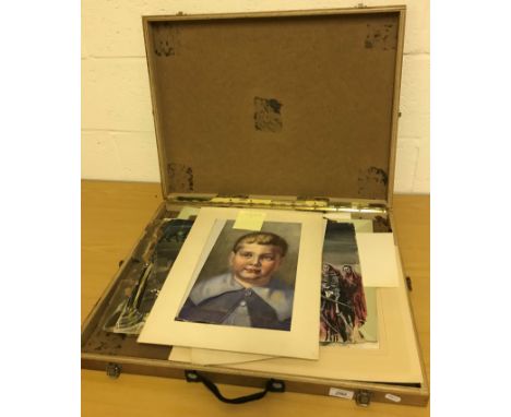 A wooden and hardboard folio case containing various paintings and prints including WJ KRANKO "Young boy in blue jacket with 