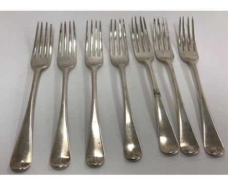 A set of seven Georgian silver "Old English" pattern dessert forks, all initialled "M" to handle (by Edward Lees London 1804,