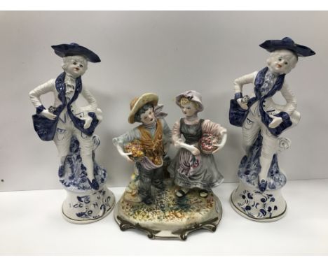 Two boxes of assorted figurines to include Capodimonte, etc and three boxes of assorted tea wares and decorative plates, etc,