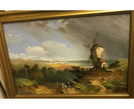 CHARLES BROOKE BRANWHITE (1851-1929) “Coastal landscape with windmill, two figures in foreground”, oil on canvas, signed lowe