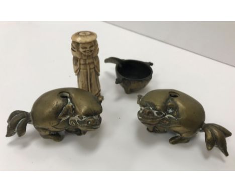Two 19th Century Chinese bronze dog of Fo figures with hollow bases, possibly brush holders, 7 cm long x 3.5 cm high, a 19th 