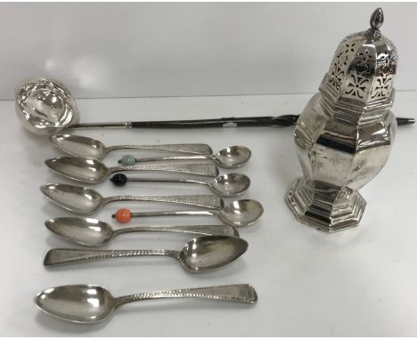 A set of six Georgian bright cut tea spoons (by Solomon Hougham) together with a whale bone handled silver punch ladle and si