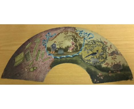 A 19th Century Chinese hand painted study for a fan depicting a man and woman in a garden setting to the centre field flanked