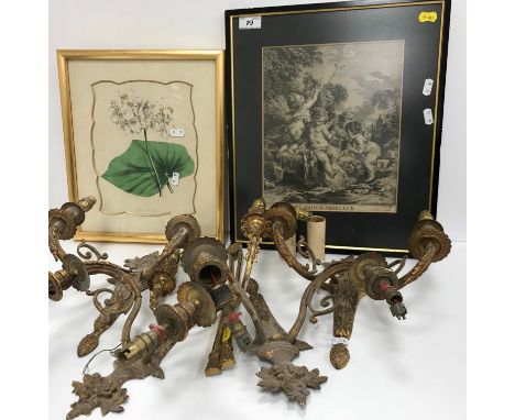 A set of four modern brass electric wall sconces 28.5 cm long together with a further modern brass electric twin branch wall 