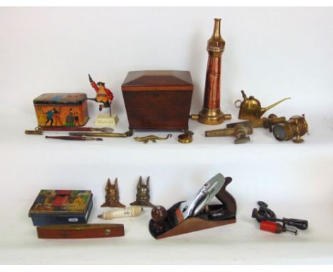 A good mixed miscellaneous lot to include a mahogany sarcophagus tea caddy, vintage copper and brass fireman's hose nozzle, f