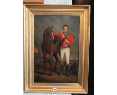 An oil painting on canvas, full length portrait of the Duke of Wellington standing in military dress uniform beside his horse