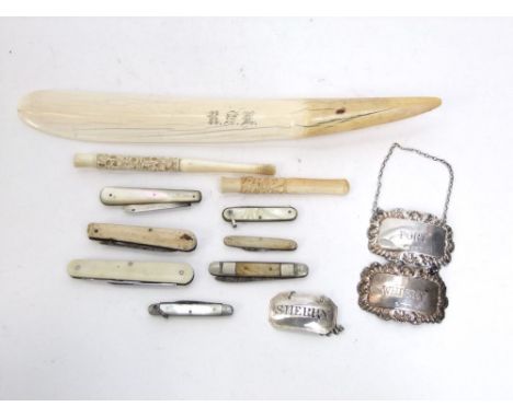 19th century ivory page turner, monogrammed, two Chinese ivory cigarette holders, collection of fruit knives, three silver de