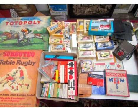 Large collection of childrens toys and games to include Subbuteo table rugby, Totopoly Great Race game, various boxed die cas