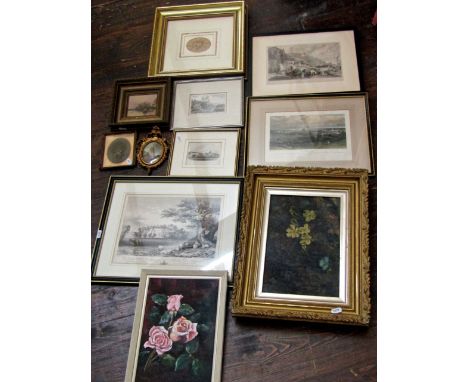 A collection of 19th century and other pictures and prints including an oil painting on canvas showing primroses and a birds 