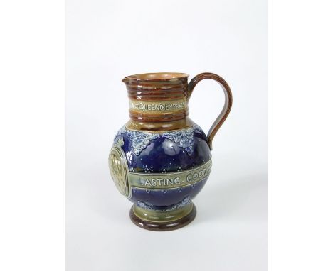 A late 19th century Doulton Lambeth blue ground jug commemorating the 1897 diamond jubilee of Queen Victoria with a portrait 