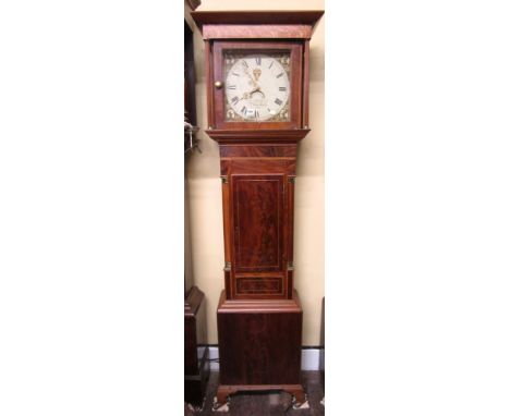 A Georgian mahogany longcase clock with inlaid detail, 30 hour movement, the trunk door flanked by canted and reeded columns 