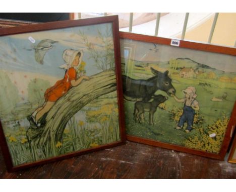 A pair of 20th century coloured nursery prints, one of a little girl feeding a donkey and foal and the other of a little girl