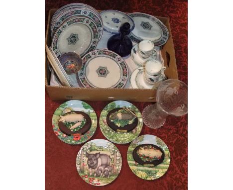 A collection of ceramics and glass ware including Royal Doulton Kingfisher pattern tea wares comprising five cups, five sauce