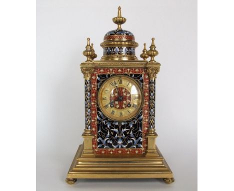 Good French Champleve Architectural mantle clock, the movement stamped Henri Paris & Dufald, Paris, striking on a gong, with 