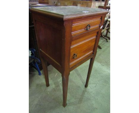 A late 19th century bedside/lamp table enclosed by a panelled door and frieze drawer and square tapered legs together with a 