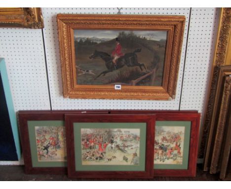 A late 19th century oil painting of a huntsman leaping a fence, signed bottom right, G Wintle, 29x44cm in moulded gilt frame,