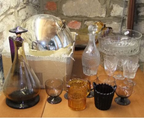A mixed collection of glass to include a silvered witches ball, further art glass pieces and art deco style decanter set and 