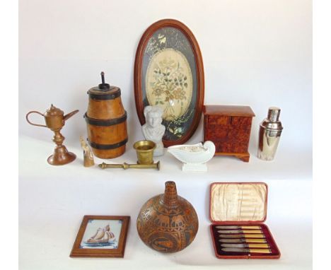 A good selection of interesting miscellaneous items to include a yew wood miniature apprentice chest of drawers, carved gourd