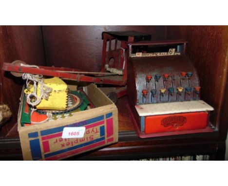 A Vintage Tri-Ang type tin plate toy crane together with a further tin plate toy cash register by Codeg and a boxed Simplex t