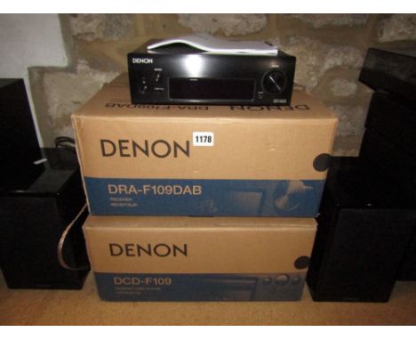 A Denon compact disc player model DCD-F109, Denon receiver model DR-F109 DAB, both with original packaging, together with a p