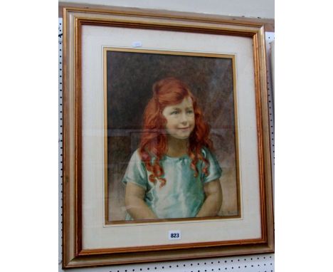 A 20th century half length watercolour portrait of a little girl with red hair wearing a green dress, signed bottom right S G