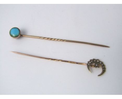 Two gold stick pins, one in the form of a crescent set with seed pearls