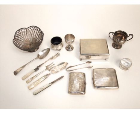 A mixed collection of silver to include two cigarette cases, silver salt, egg cup, twin handled vessel, sugar nips, Georgian 