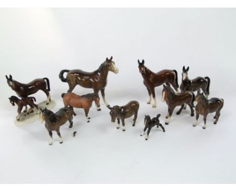 A collection of ceramic models of horses including a Beswick model of a new forest type pony, a matt glazed model of a standi