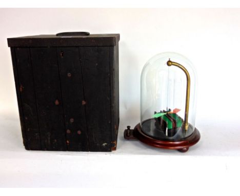 A Victorian Galvanometer set beneath a glass dome within a pine travelling box