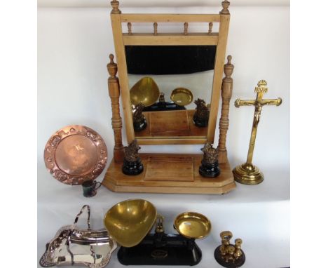 A mixed collection of miscellaneous metalware to include a cast brass crucifix, a pair of Viking scales with weights, Arts & 