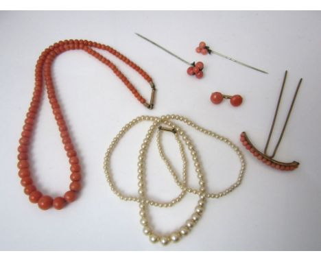 Coral jewellery to include a necklace, hair pin, 14ct brooch, together with a pearl necklace with 9ct clasp