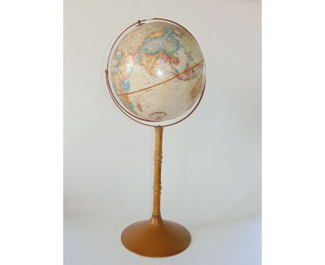 A Replogle 16 inch world classic series globe upon a turned wooden column and flared circular base, 100 cm high approx. 