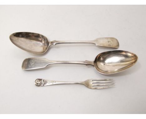 A matched pair of Victorian Scottish silver fiddle pattern serving spoons; together with a further silver 1935 jubilee fork, 