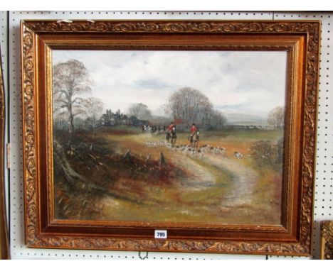A 20th century oil painting on canvas of a hunting scene with the hunt setting off through an autumn landscape, signed bottom