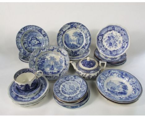 A quantity of 19th century and other blue and white printed wares including a pair of Riley Semi-China soup plates with easte