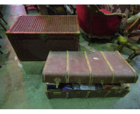 Chinese wicker brass mounted trunk; with a further timber bound trunk filled with puzzles and games