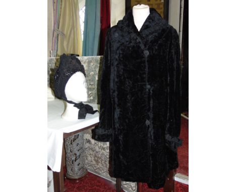 Ladies vintage faux fur coat with button front and applied decorative detail to collar and cuffs, together with a black Victo