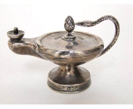 A late Victorian silver oil lamp burner with stylised pine cone finial and snake handle, maker marks worn, London 1897, 7 oz 