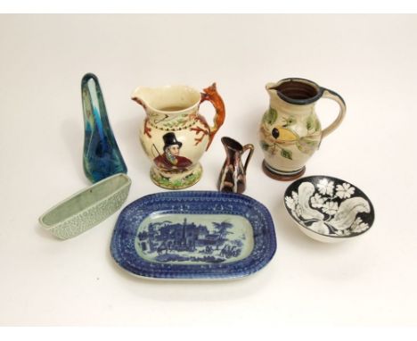 A Mdina glass dump, 24cm high; together with Crown Devon musical hunting jug and further ceramics (7)