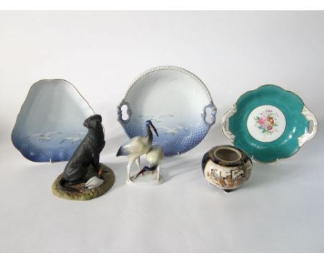 A Royal Copenhagen dish of triangular form with sea gull detail within a moulded scale border with printed and painted marks 