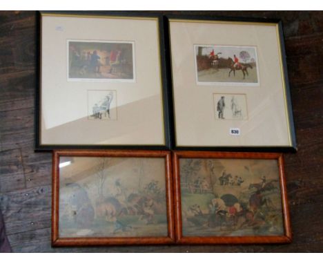 A pair of framed montages after Cecil Aldin, showing coloured prints of a hunting scene and an interior scene and black and w