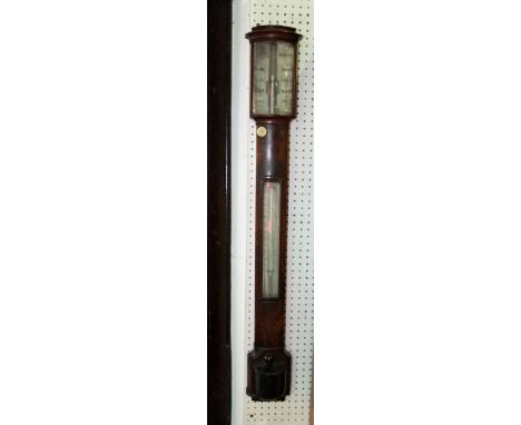 A good early 19th century flame mahogany stick barometer, with bow glass etched ivory inscribed 'Underhill' with mercury baro